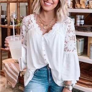 New Bohemian Lace Sleeve Button Front Floral Romantic Blouse Top